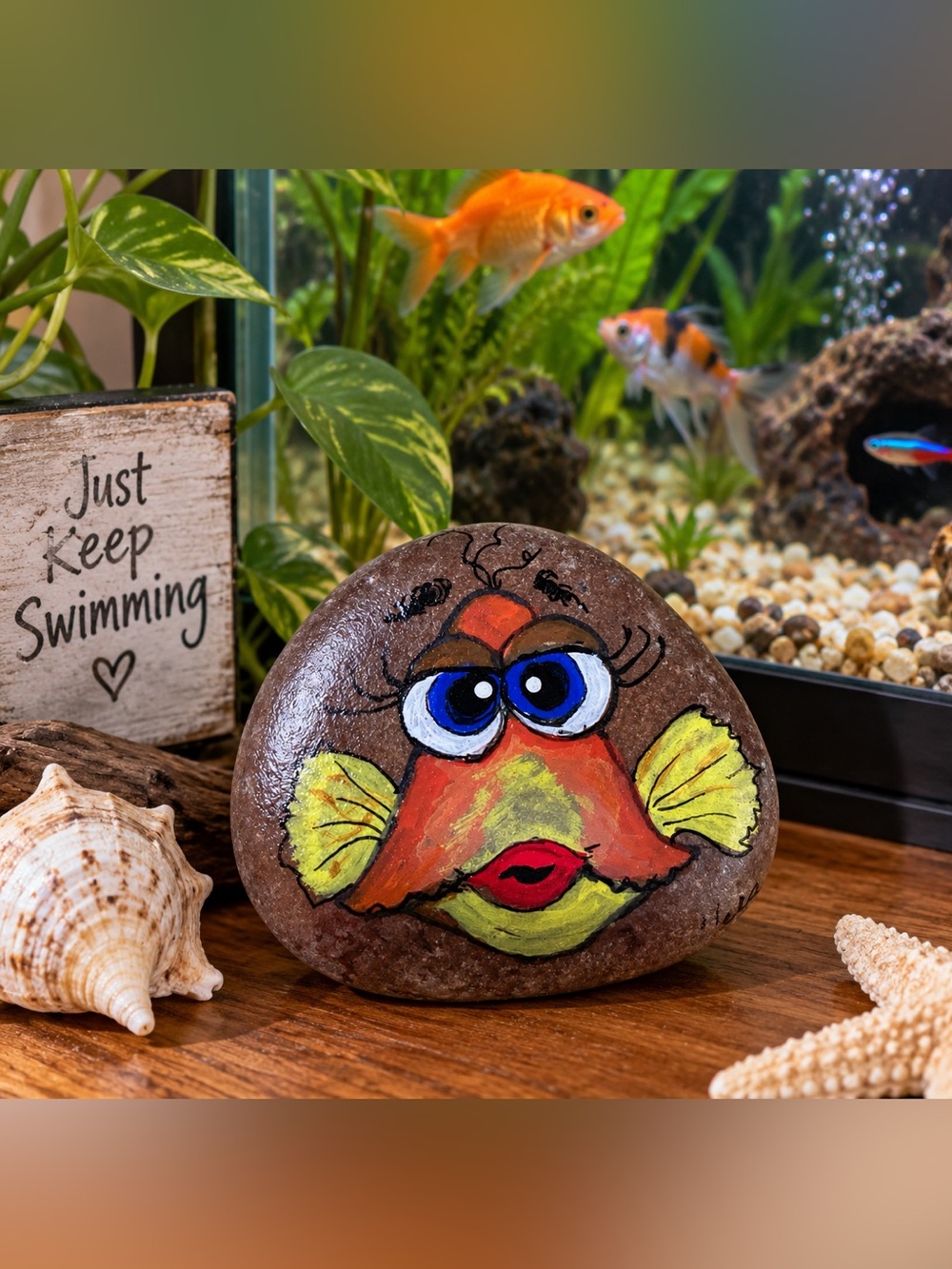 Hand crafted painted tropical parrotfish rock orange yellow blue brown 2.5x2 in